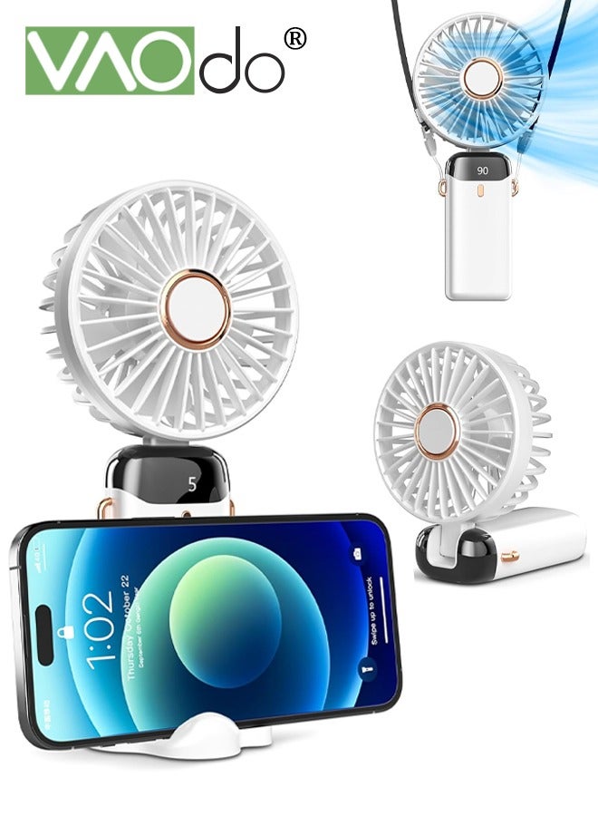 فاو دو مروحة محمولة قابلة للطي 3 في 1، مروحة يدوية بخمس سرعات مع حامل، مروحة سفر بزاوية قابلة للتعديل، مروحة صغيرة بشاشة LED وشحن USB للمدرسة والمكتب والسكن الجامعي والأنشطة الخارجية باللون الأبيض - Image 1