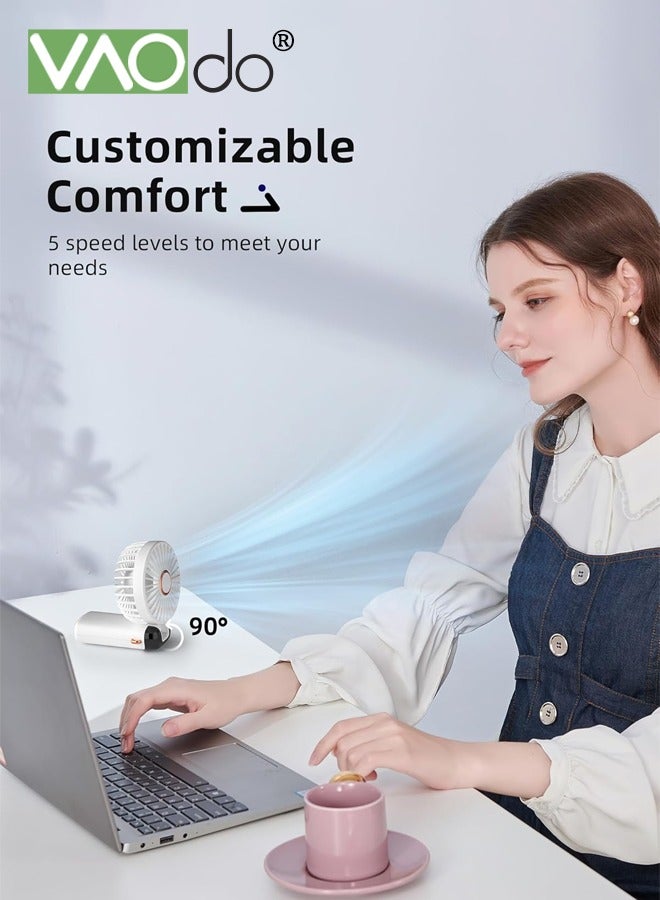 فاو دو مروحة محمولة قابلة للطي 3 في 1، مروحة يدوية بخمس سرعات مع حامل، مروحة سفر بزاوية قابلة للتعديل، مروحة صغيرة بشاشة LED وشحن USB للمدرسة والمكتب والسكن الجامعي والأنشطة الخارجية باللون الأبيض - Image 2