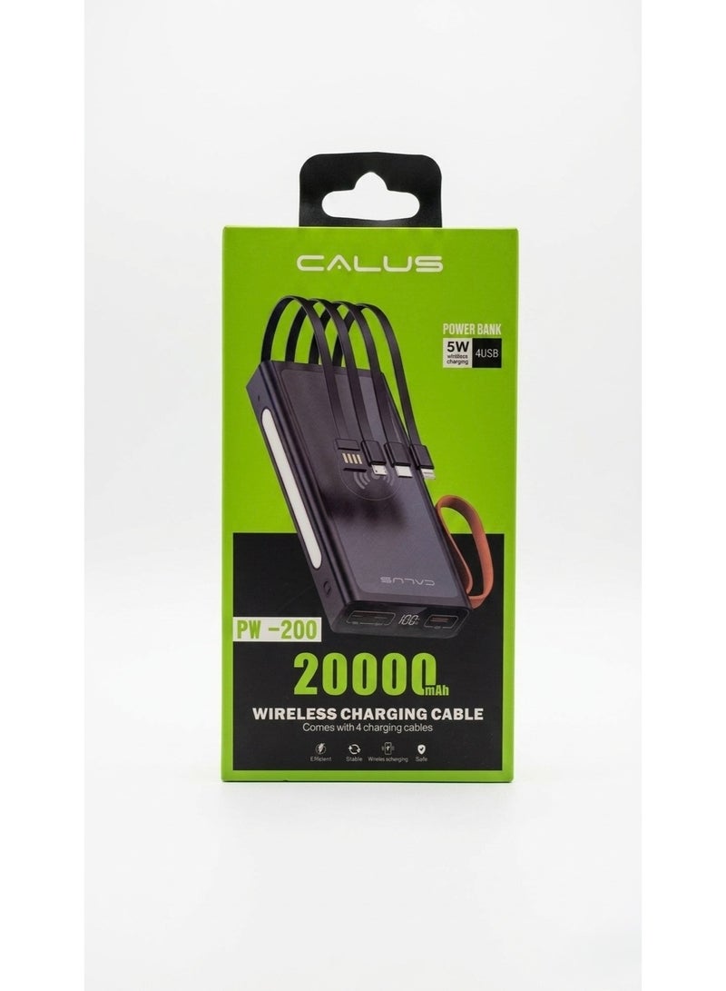 CALUS PW-200 20000mAh Power Bank with 5W Wireless Charging & 4 Built-in Cables - Image 1