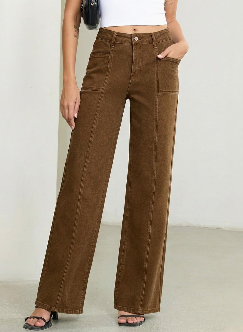 Sidefeel Womens Wide Leg Jeans High Waisted Stretchy Straight Leg Baggy Denim Pants Brown Size 14 - Image 4