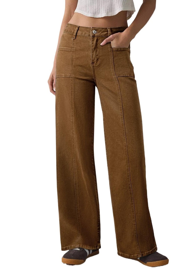 Sidefeel Womens Wide Leg Jeans High Waisted Stretchy Straight Leg Baggy Denim Pants Brown Size 14 - Image 1