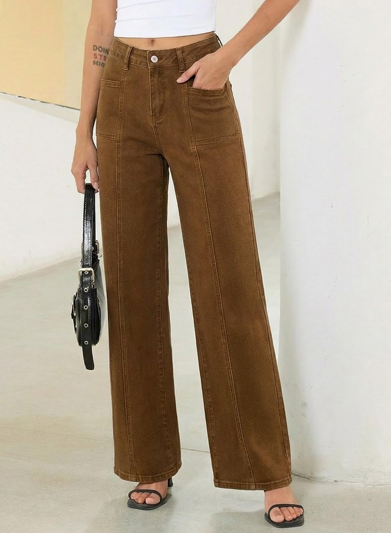 Sidefeel Womens Wide Leg Jeans High Waisted Stretchy Straight Leg Baggy Denim Pants Brown Size 14 - Image 3