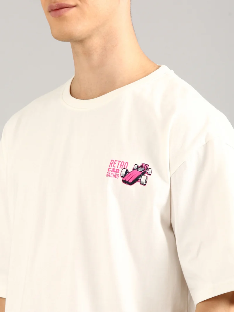 Joven Men White Printed Pure Cotton Oversized T-Shirt