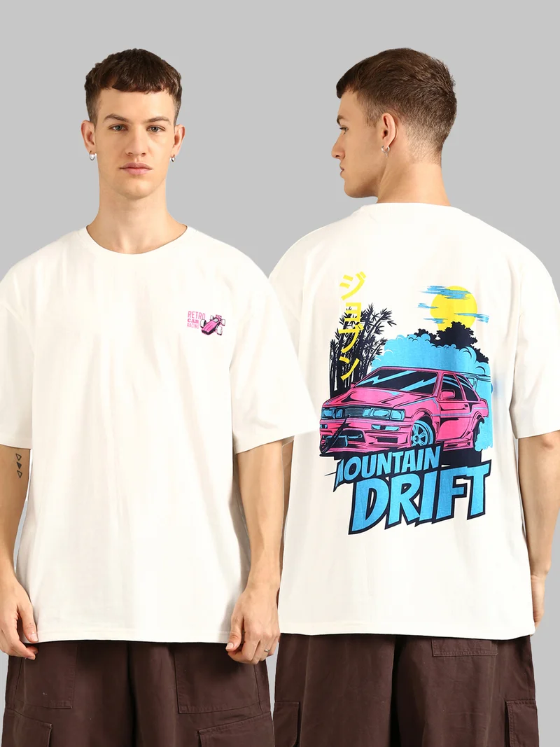 جوفن تيشيرت قطن أبيض مطبوع رجالي كبير الحجم