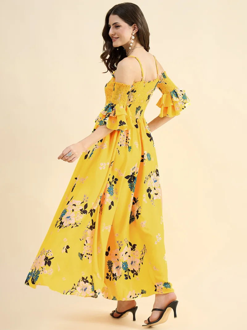 Panit PANIT Yellow Floral Printed Smocked Off Shoulder Georgette Maxi Dress