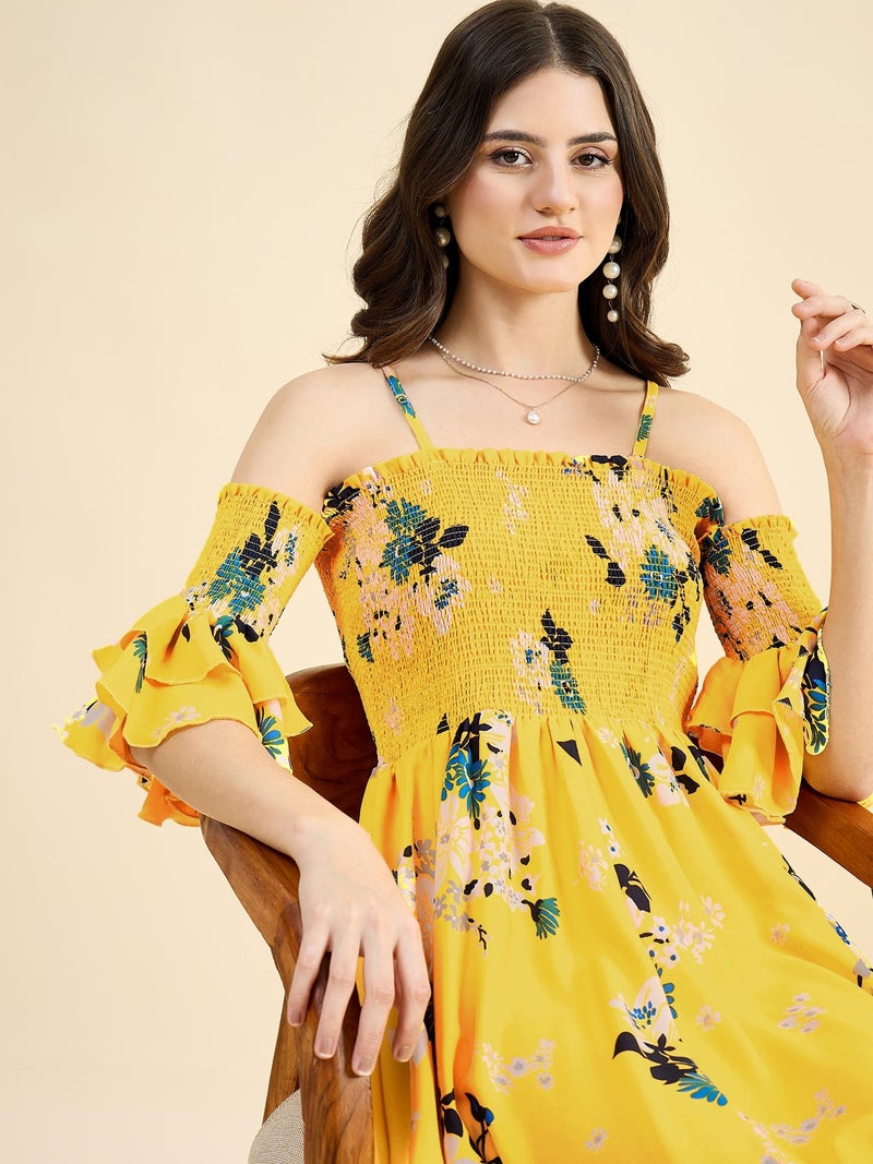 PANIT Yellow Floral Printed Smocked Off Shoulder Georgette Maxi Dress - Image 3