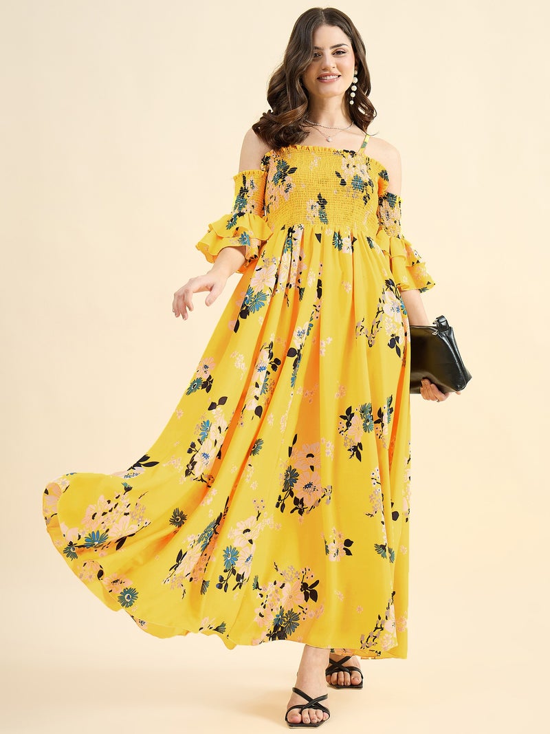 PANIT Yellow Floral Printed Smocked Off Shoulder Georgette Maxi Dress - Image 5
