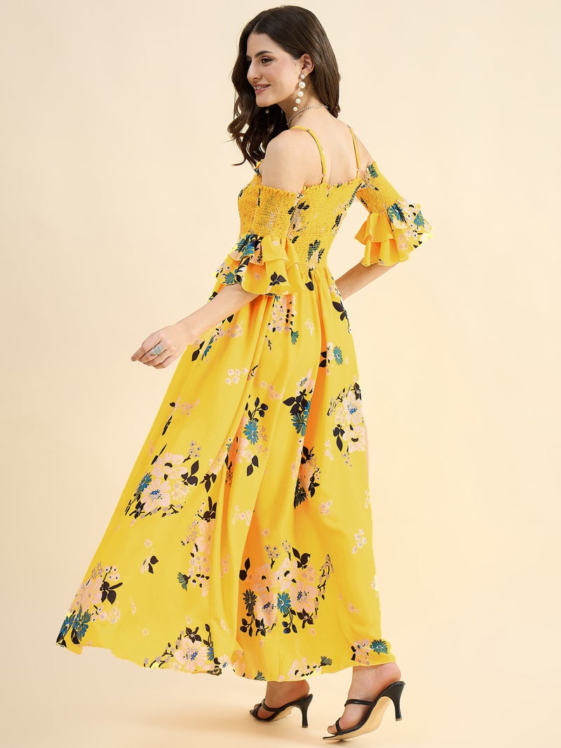 PANIT Yellow Floral Printed Smocked Off Shoulder Georgette Maxi Dress - Image 2