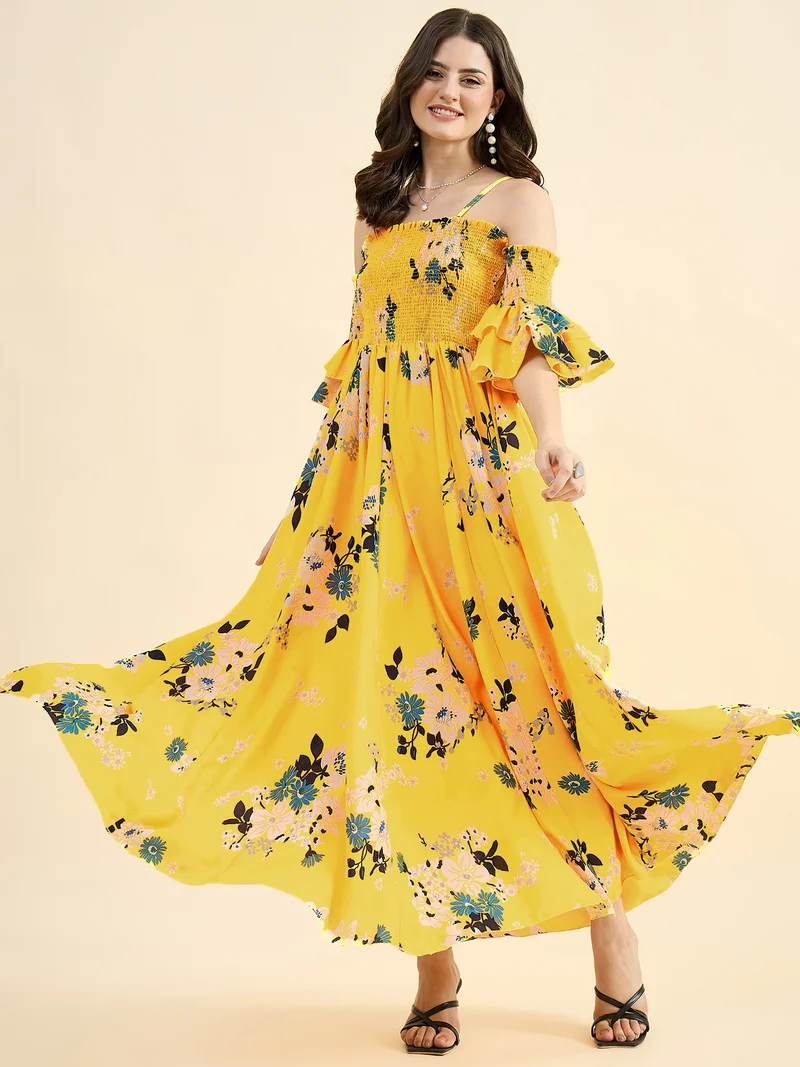 Panit PANIT Yellow Floral Printed Smocked Off Shoulder Georgette Maxi Dress