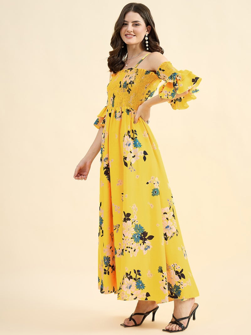 PANIT Yellow Floral Printed Smocked Off Shoulder Georgette Maxi Dress - Image 2