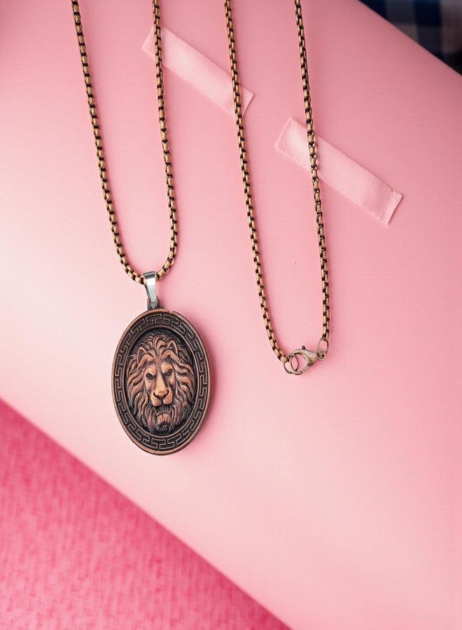 M Men Style Men’s Lion Head Pendant Necklace – Copper Tone Medallion with Chain, Bold Greek Key Design SPn2025286 - Image 4