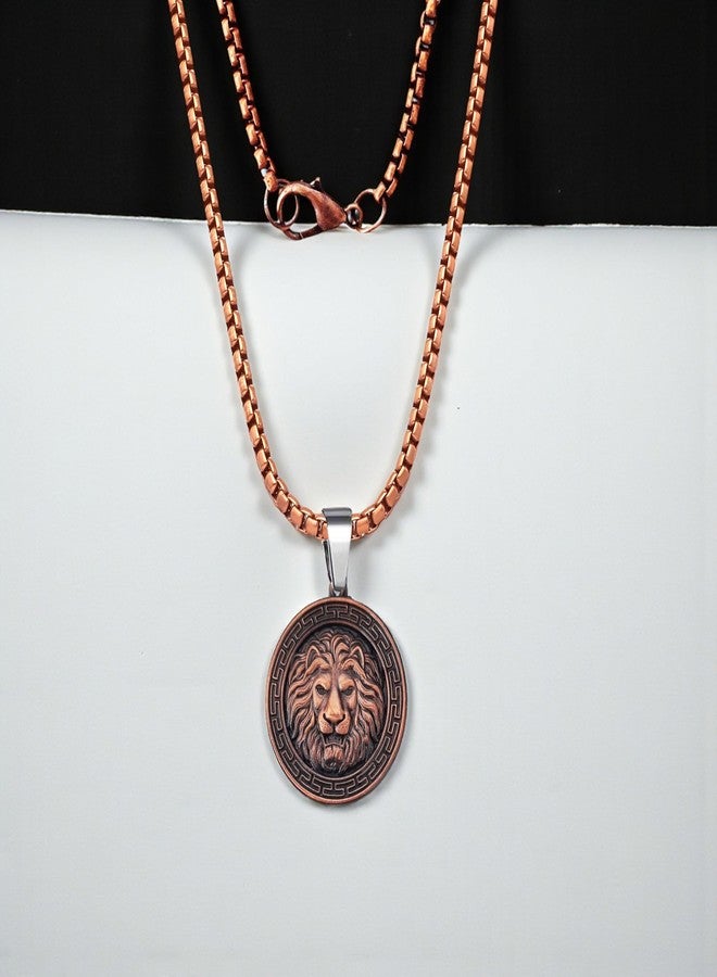 M Men Style Men’s Lion Head Pendant Necklace – Copper Tone Medallion with Chain, Bold Greek Key Design SPn2025286 - Image 3