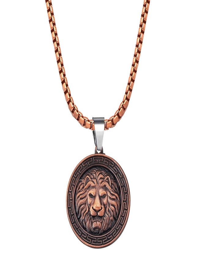 M Men Style Men’s Lion Head Pendant Necklace – Copper Tone Medallion with Chain, Bold Greek Key Design SPn2025286 - Image 1