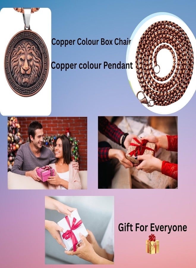 M Men Style Men’s Lion Head Pendant Necklace – Copper Tone Medallion with Chain, Bold Greek Key Design SPn2025286 - Image 5