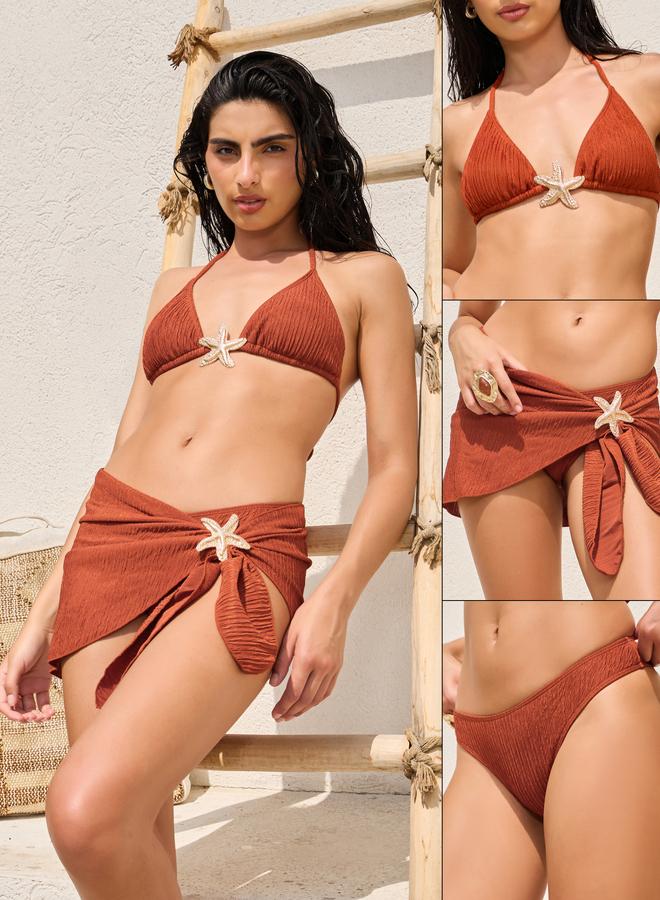 Styli Pack of 3 - Textured Tie Back Padded Triangle Bikini, Brief and Wrap Skirt with Star Fish Metal Trim - Image 2