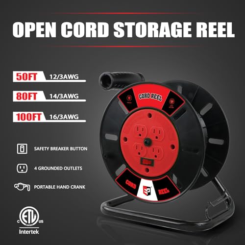 EP Extension Cord Storage Reel with 4-Grounded Outlets, Heavy Duty Open Cord Reel for 12/3 14/3 16/3 Power Cords, Portable Empty Hand Crank Electric Cord Roller Holder, Red - Image 2