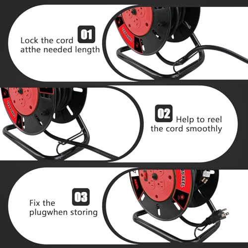 EP Extension Cord Storage Reel with 4-Grounded Outlets, Heavy Duty Open Cord Reel for 12/3 14/3 16/3 Power Cords, Portable Empty Hand Crank Electric Cord Roller Holder, Red - Image 4