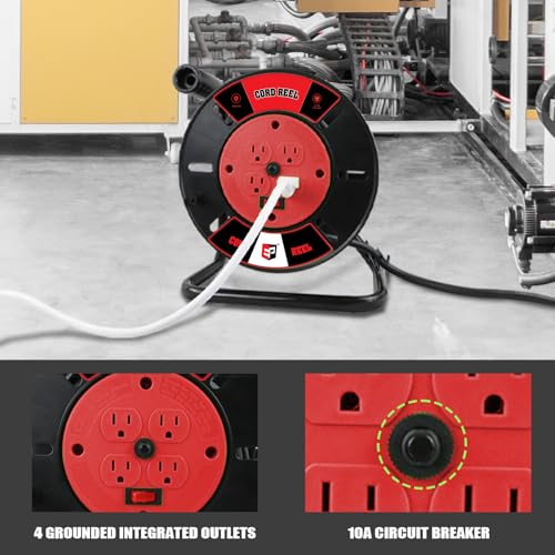 EP Extension Cord Storage Reel with 4-Grounded Outlets, Heavy Duty Open Cord Reel for 12/3 14/3 16/3 Power Cords, Portable Empty Hand Crank Electric Cord Roller Holder, Red - Image 5