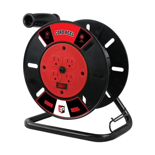 EP Extension Cord Storage Reel with 4-Grounded Outlets, Heavy Duty Open Cord Reel for 12/3 14/3 16/3 Power Cords, Portable Empty Hand Crank Electric Cord Roller Holder, Red - Image 1
