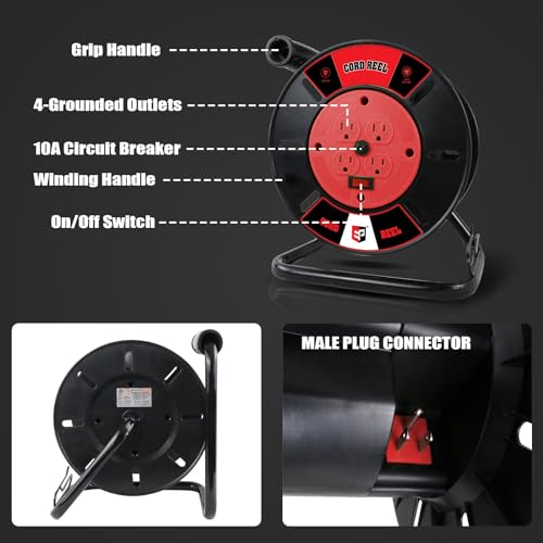 EP Extension Cord Storage Reel with 4-Grounded Outlets, Heavy Duty Open Cord Reel for 12/3 14/3 16/3 Power Cords, Portable Empty Hand Crank Electric Cord Roller Holder, Red - Image 3