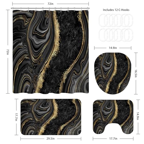 BayNook 4PCS Black Gold Marble Shower Curtain Sets with Rugs, Abstract Bathroom Sets with Shower Curtain and Rugs, Bathroom Curtains Shower Set with Toilet Lid Cover for Bathroom Decor - Image 2