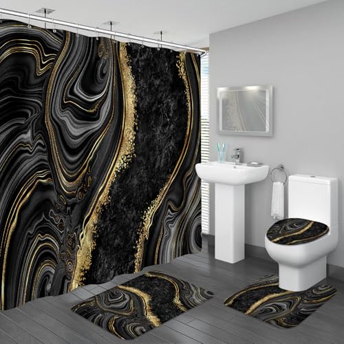 BayNook 4PCS Black Gold Marble Shower Curtain Sets with Rugs, Abstract Bathroom Sets with Shower Curtain and Rugs, Bathroom Curtains Shower Set with Toilet Lid Cover for Bathroom Decor - Image 1
