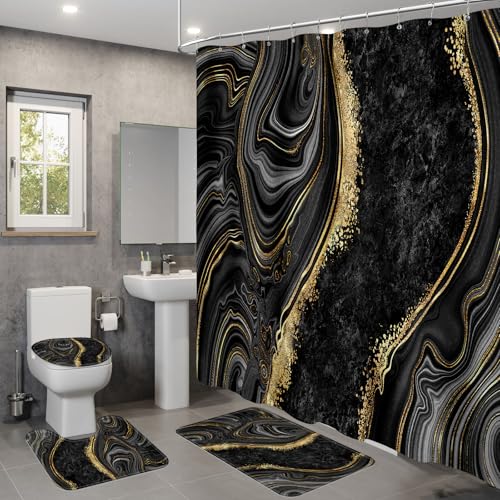 BayNook 4PCS Black Gold Marble Shower Curtain Sets with Rugs, Abstract Bathroom Sets with Shower Curtain and Rugs, Bathroom Curtains Shower Set with Toilet Lid Cover for Bathroom Decor - Image 3