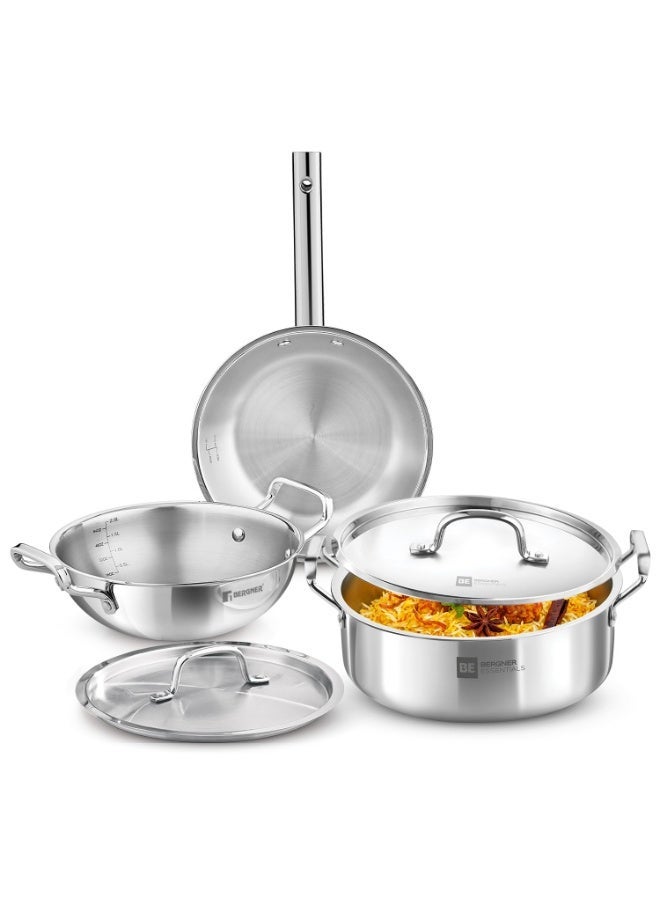 Bergner Tripro BE Essentials 5 Pc Triply Cookware Set - Kadai 24cm/3L with Lid, 22cm/1.5L Frypan, Shallow Biryani Pan 28cm/5.8L with Lid, Less Oil Use, Healthy Cooking - Induction and Gas Stove Ready - Image 1