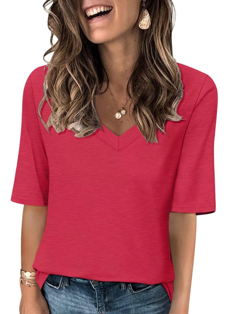 Minetom Women's V Neck T Shirts Casual Half Sleeve Tops Basic Summer Tees A Red - Image 1