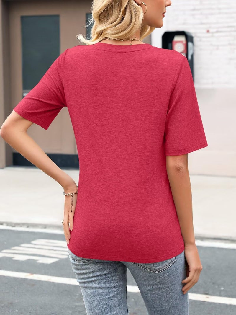 Minetom Women's V Neck T Shirts Casual Half Sleeve Tops Basic Summer Tees A Red - Image 4