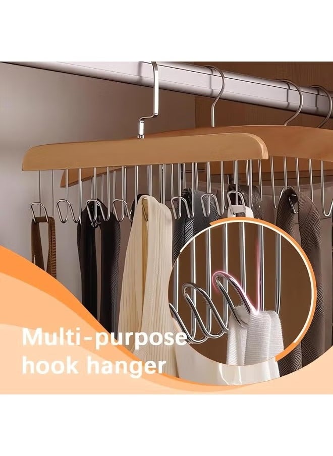 KITCHENOO Multifunctional Wooden Clothes Hanger with 8 Stainless Hooks Made of Stainless Steel  - Image 3