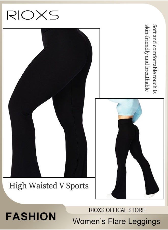 RIOXS - Women's Flare Leggings, Ladies V Crossover Yoga Pants, Tummy Control High-Waisted Wide Leg Trousers, Gym Bootcut Yoga Pants, Bell Bottoms For Women - Image 1