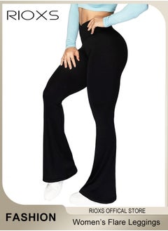 RIOXS Women's Flare Leggings, Ladies V Crossover Yoga Pants, Tummy Control High-Waisted Wide Leg Trousers, Gym Bootcut Yoga Pants, Bell Bottoms For Women  - Image 2
