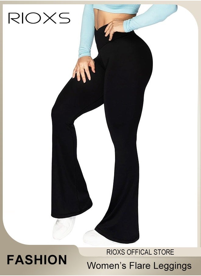 RIOXS - Women's Flare Leggings, Ladies V Crossover Yoga Pants, Tummy Control High-Waisted Wide Leg Trousers, Gym Bootcut Yoga Pants, Bell Bottoms For Women - Image 1