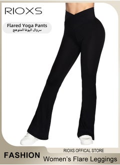 RIOXS Women's Flare Leggings, Ladies V Crossover Yoga Pants, Tummy Control High-Waisted Wide Leg Trousers, Gym Bootcut Yoga Pants, Bell Bottoms For Women  - Image 1