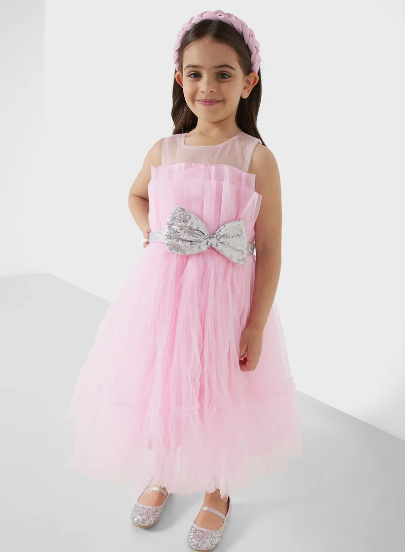 Pinata Girls Ruffle Silver Bow Evening Dress