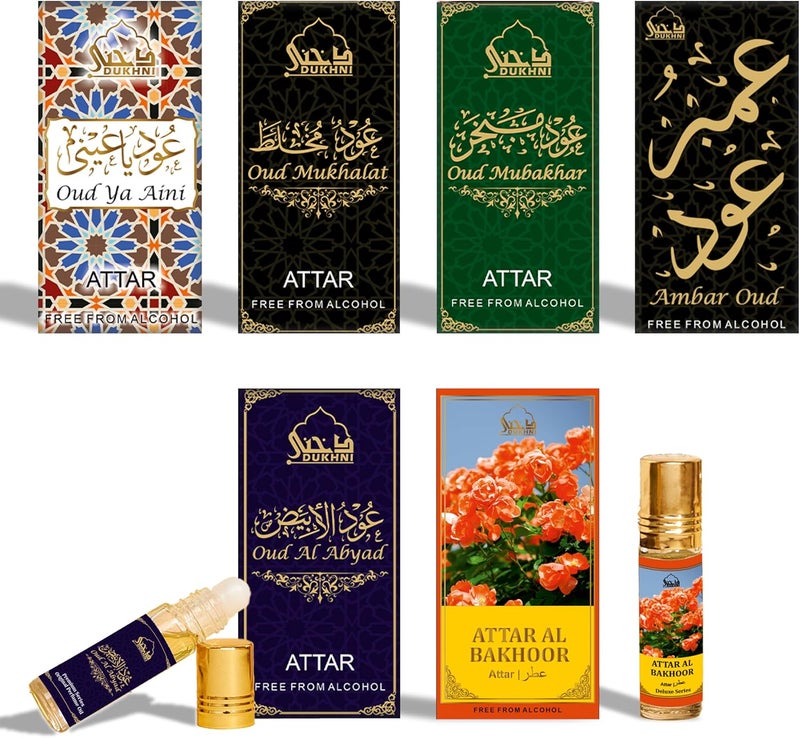 Dukhni Maamoul Attar Oil Set Arabian perfume oils for men and women 6 assorted scents x 6ml Arabic oudh oil fragrances Gift set Halal Vegan Islamic Scents
