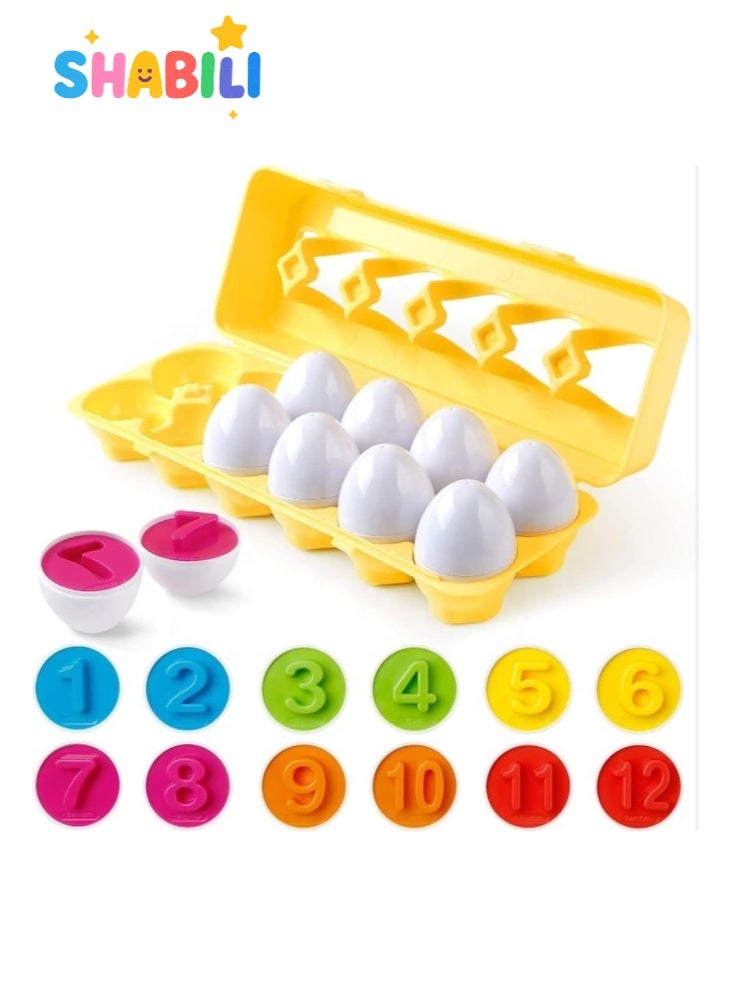 شبيلي مجموعة بيض مطابقة 12 قطعة، فرز الألوان/الأشكال والأرقام داخل علبة بيض صفراء، لعبة منتسوري آمنة لتنمية المهارات الحركية الدقيقة للأطفال الصغار، هدية تعليمية مناسبة للسفر - Image 1