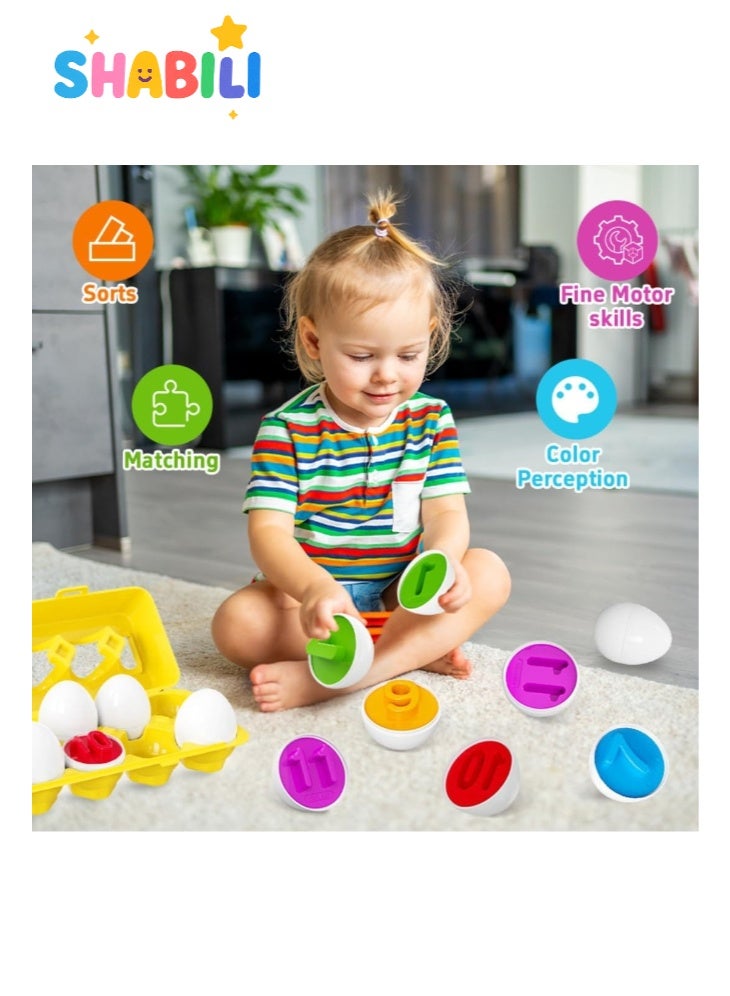 شبيلي مجموعة بيض مطابقة 12 قطعة، فرز الألوان/الأشكال والأرقام داخل علبة بيض صفراء، لعبة منتسوري آمنة لتنمية المهارات الحركية الدقيقة للأطفال الصغار، هدية تعليمية مناسبة للسفر - Image 4