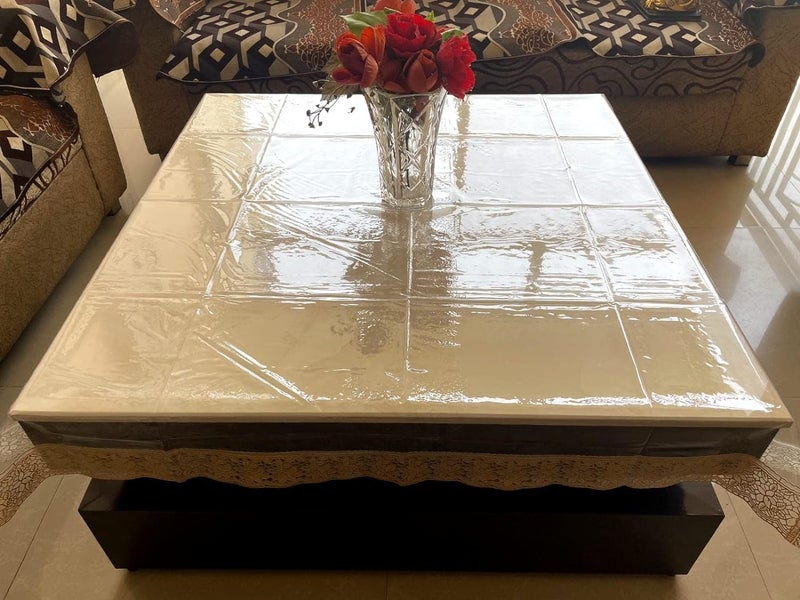 BLESS KRAFT Decor Waterproof PVC Plastic Clear 4 Seater Square Table Cover (Transparent, Golden Lace, 45 x45 Inch, Thickness 0.20mm) - Image 1