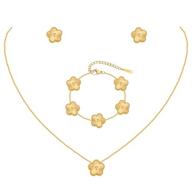MPRAINBOW Gold Necklaces Bracelets Earring Set - 18K Gold Plated Flower Bracelet, Stainless Steel Non-Tarnish Floral Pendant Stud Jewelry Sets, Christmas Birthday Lucky Gift for Her Mom Wife Daughter Girlfriend - Image 1