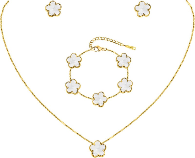 MPRAINBOW Gold Necklaces Bracelets Earring Set - 18K Gold Plated Flower Bracelet, Stainless Steel Non-Tarnish Floral Pendant Stud Jewelry Sets, Christmas Birthday Lucky Gift for Her Mom Wife Daughter Girlfriend - Image 2