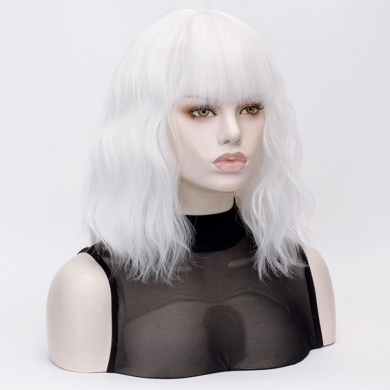 QACCF Short White Wig Short Wavy Pelucas Shoulder Length Women Full Bang Heat Resistant Women Party Realistic Wig (Ivory) - Image 2