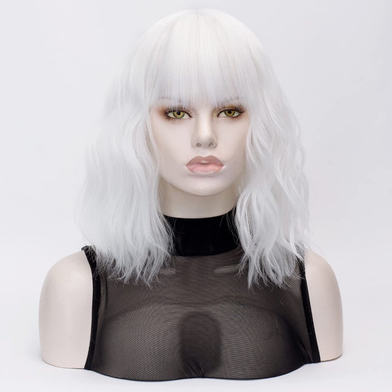 QACCF Short White Wig Short Wavy Pelucas Shoulder Length Women Full Bang Heat Resistant Women Party Realistic Wig (Ivory) - Image 4