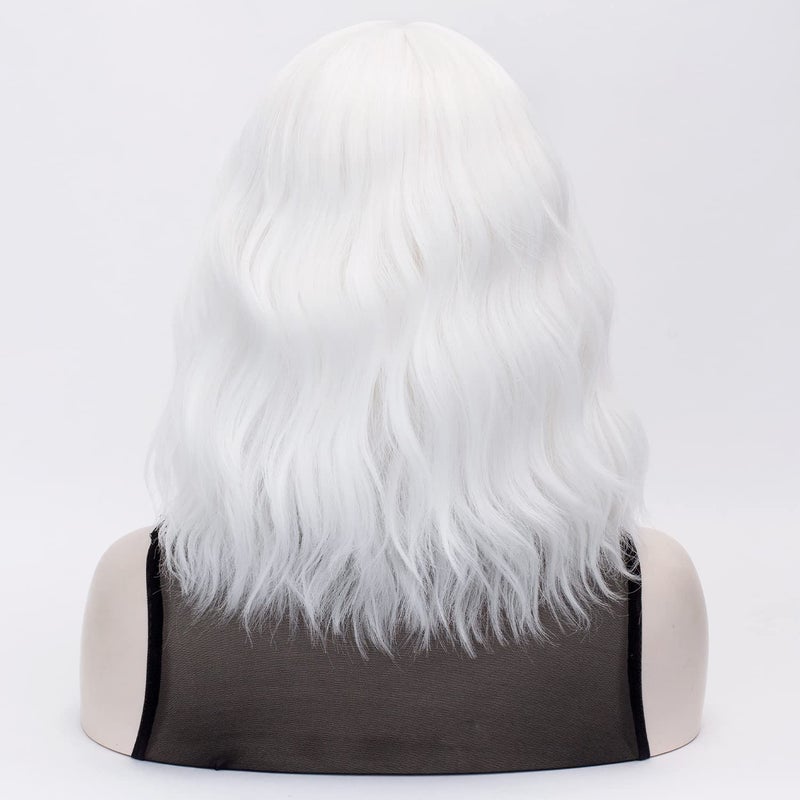 QACCF Short White Wig Short Wavy Pelucas Shoulder Length Women Full Bang Heat Resistant Women Party Realistic Wig (Ivory) - Image 5