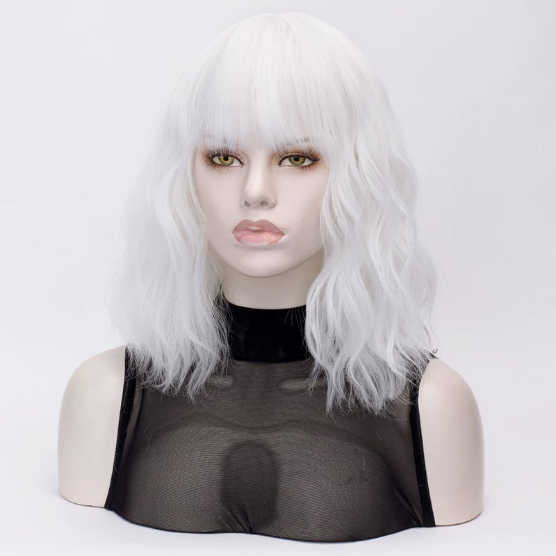 QACCF Short White Wig Short Wavy Pelucas Shoulder Length Women Full Bang Heat Resistant Women Party Realistic Wig (Ivory) - Image 3