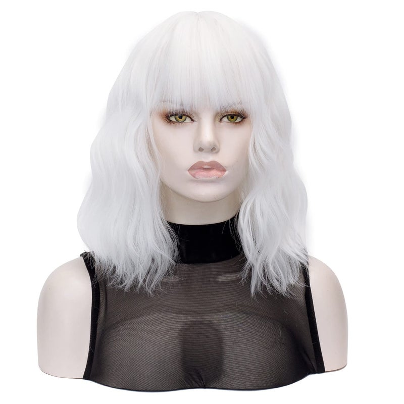QACCF Short White Wig Short Wavy Pelucas Shoulder Length Women Full Bang Heat Resistant Women Party Realistic Wig (Ivory) - Image 1