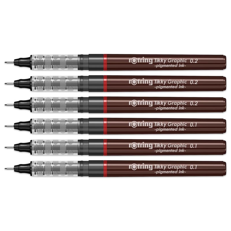 Rotring Tikky Graphic Pigment Liner 01mm 02mm Pens 3 Each With Black Pigmented Ink Fibre Tip 6 Pen Set for Art Drawings Mandala Calligraphy Outline Art Craft - Image 1