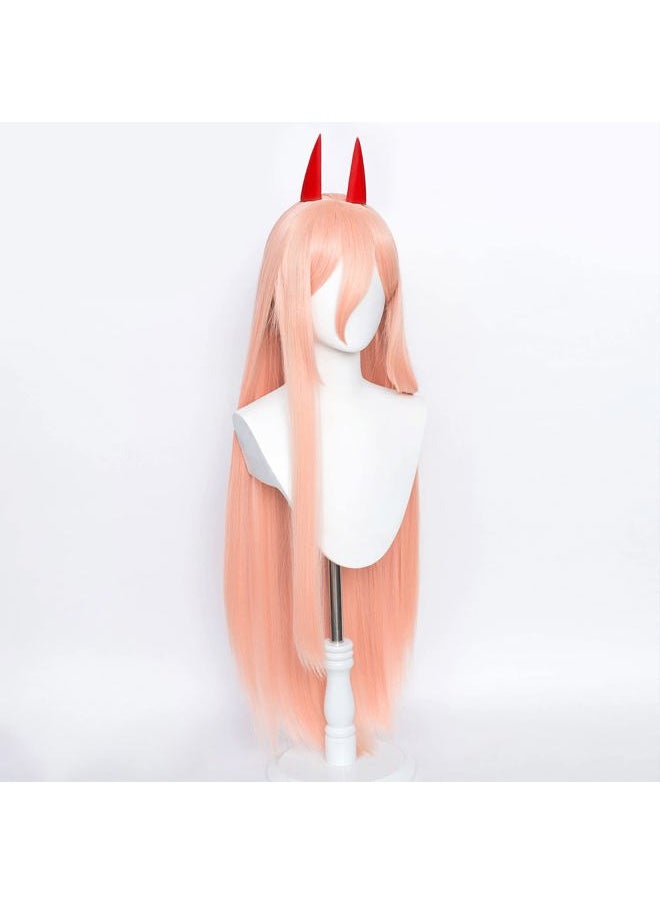 Probeauty - Pink Power Cosplay Wig with Two Horns, Women Update Long Straight Anime Halloween Wig (Pink Orange) - Image 1