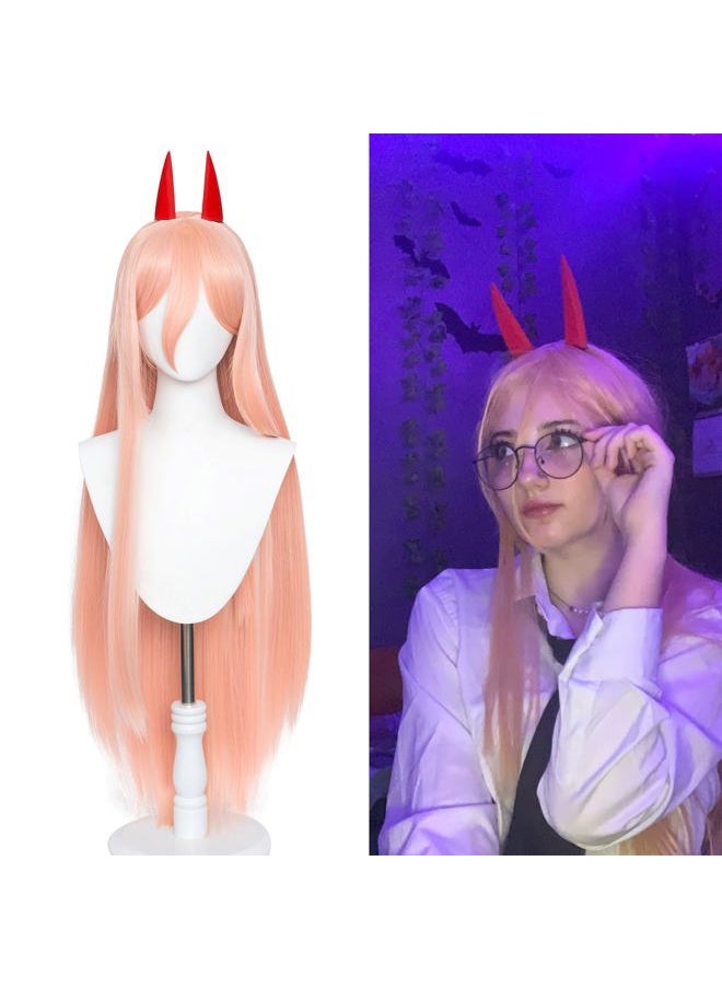 Probeauty - Pink Power Cosplay Wig with Two Horns, Women Update Long Straight Anime Halloween Wig (Pink Orange) - Image 1